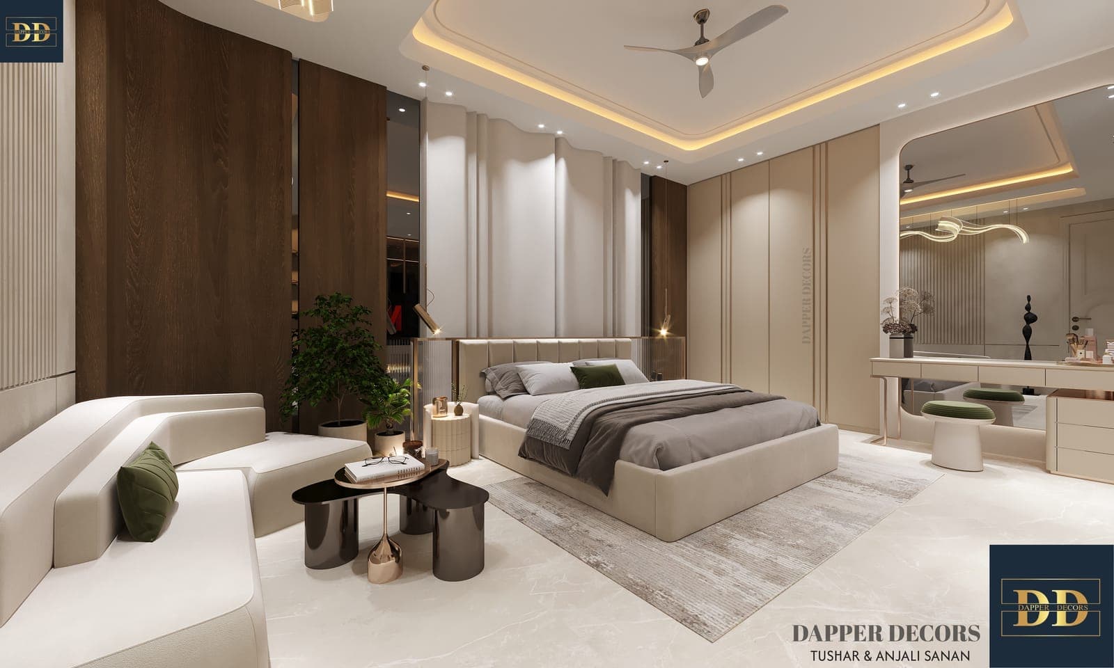 Master bedroom with a wave-paneled wall, curved walnut cladding, a lounge sofa and vanity