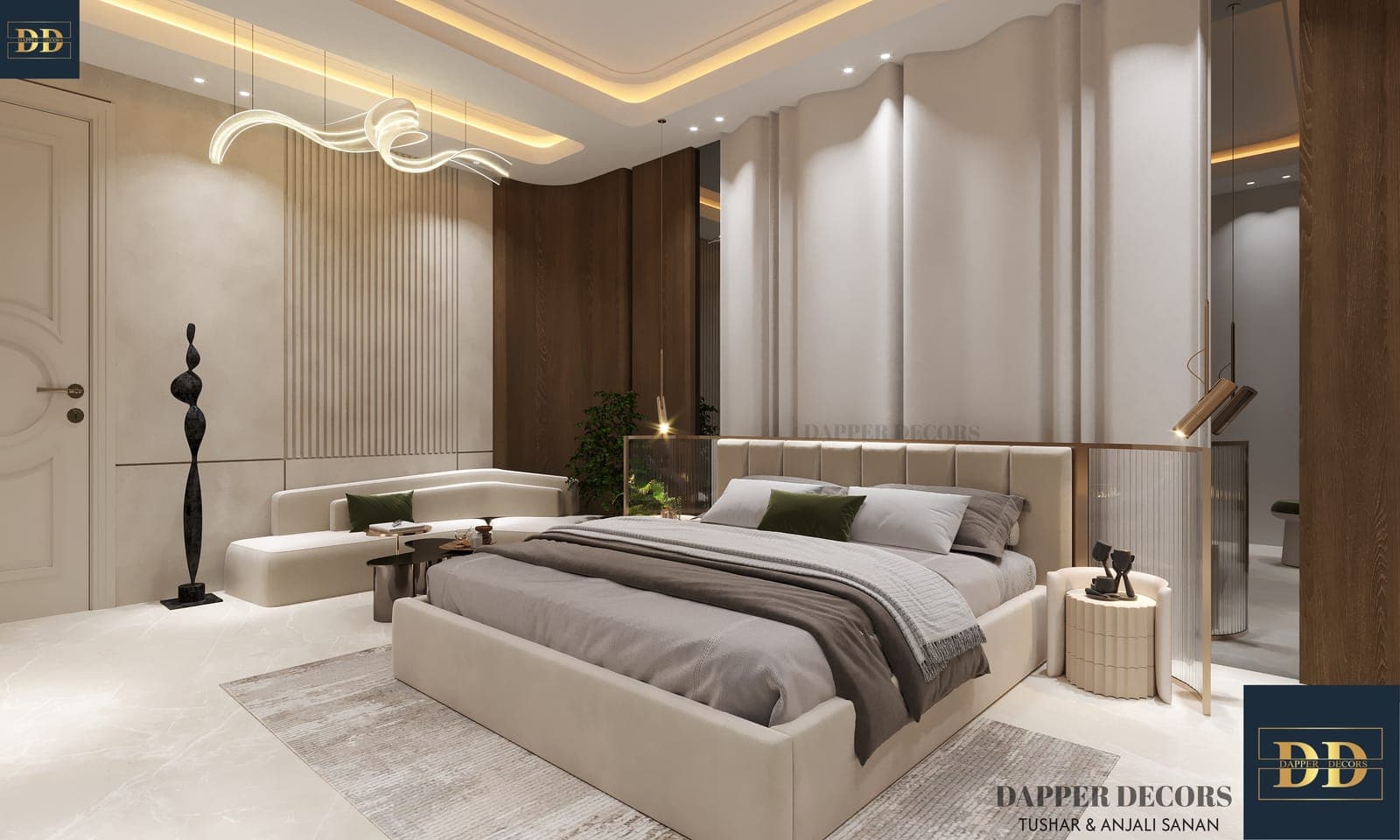 Upholstered bed against sculpted white wall panels under a ribbon light chandelier