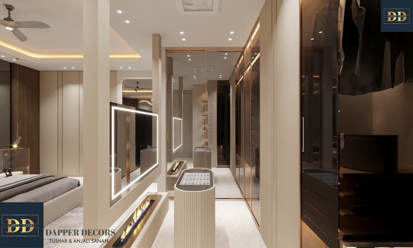 Bedroom opening into a walk-in wardrobe with a backlit mirror and fireplace console
