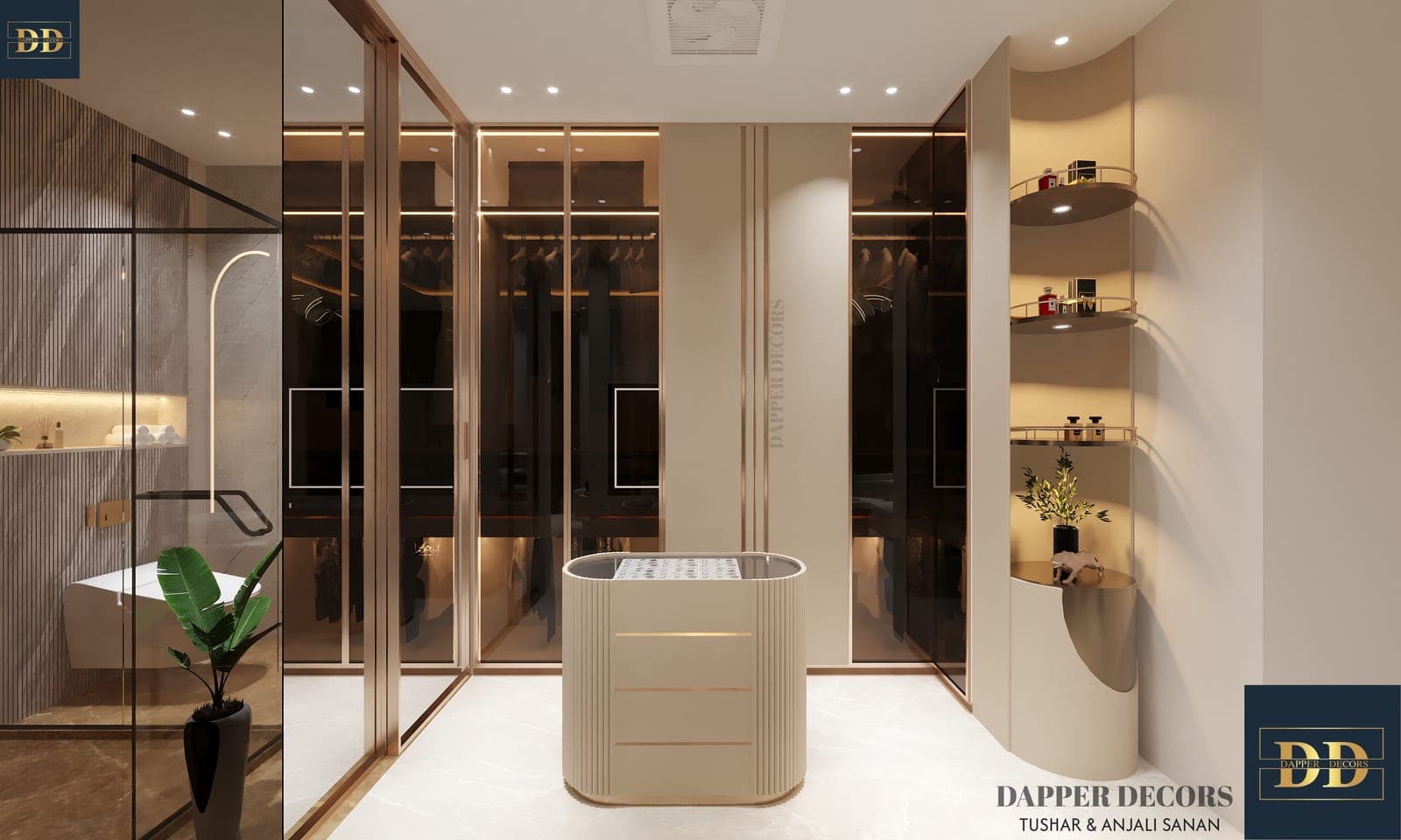 Walk-in wardrobe with smoked-glass shutters, rose-gold trims and a fluted island
