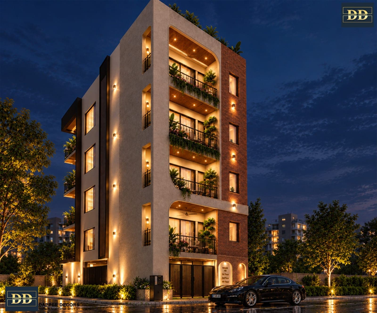 Cream and red-brick residence at night with planted arched balconies