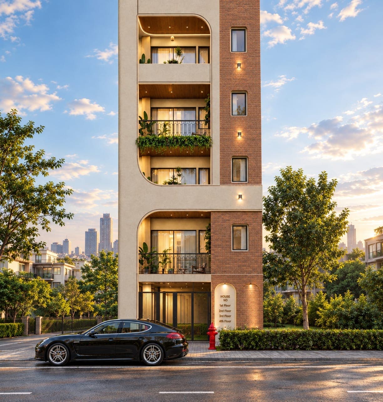 Slim cream facade with arched balcony openings beside a red-brick tower, in daylight