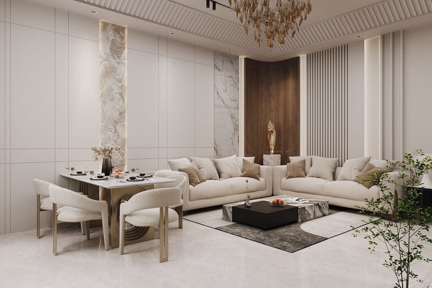 Ivory living and dining room with L-shaped boucle sofas, a marble coffee table and a walnut accent wall