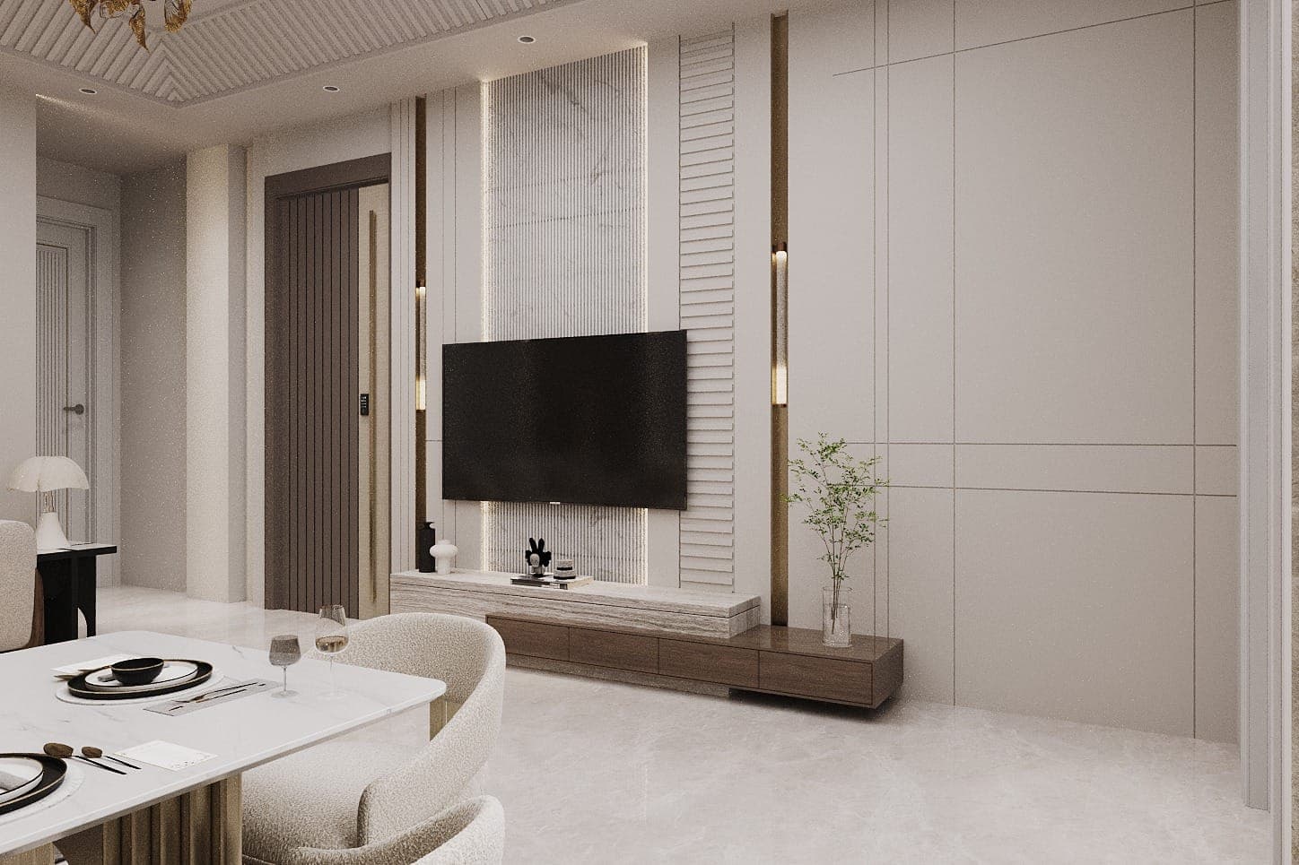 Fluted marble TV wall with backlit panels, brass trims and a floating walnut console