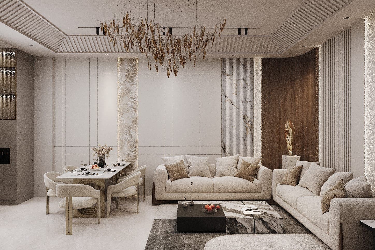 Living room under a fluted ceiling with a sculptural leaf chandelier, marble and textured wall panels