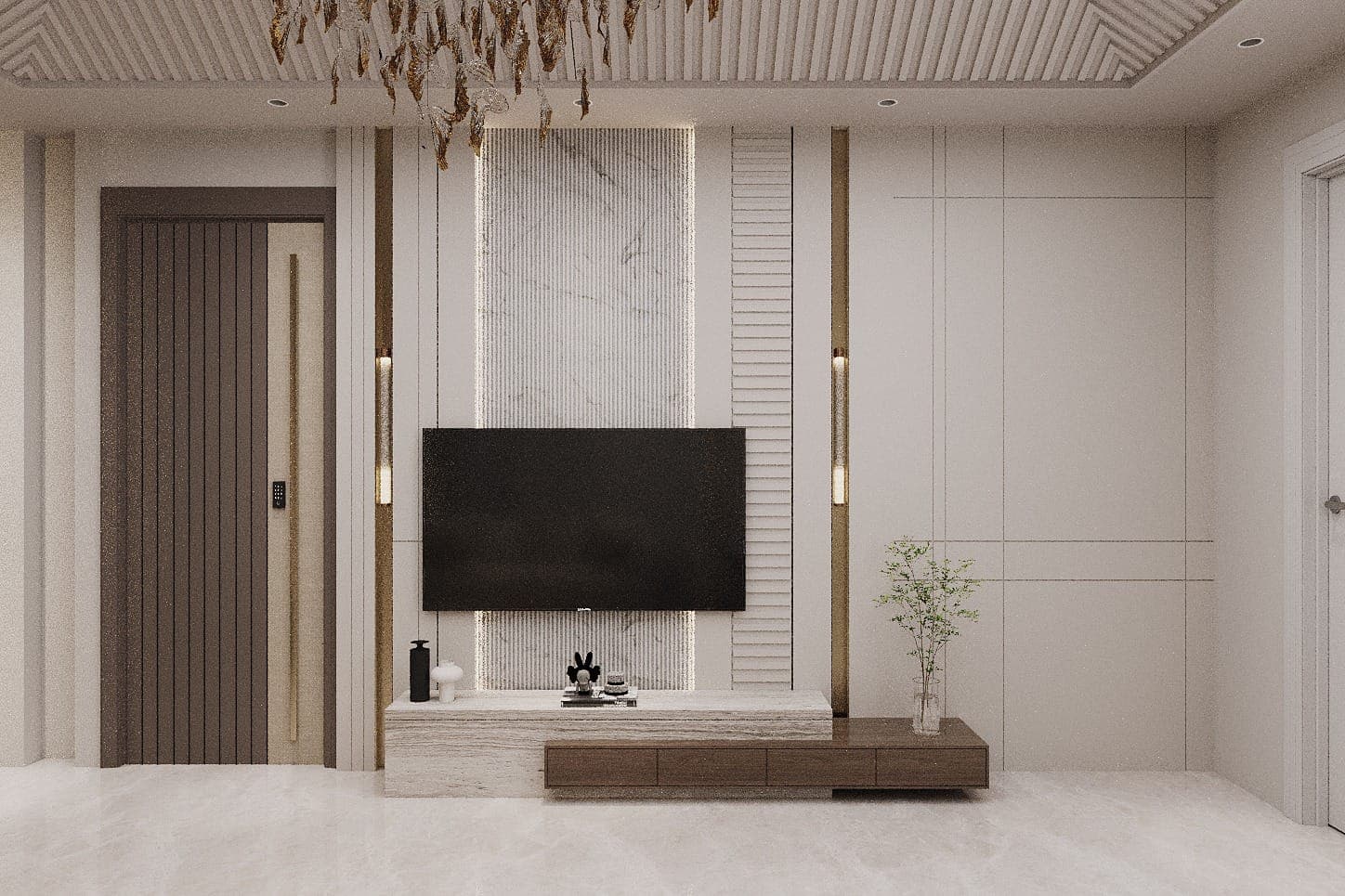 Front view of the TV wall beside a ribbed walnut entrance door