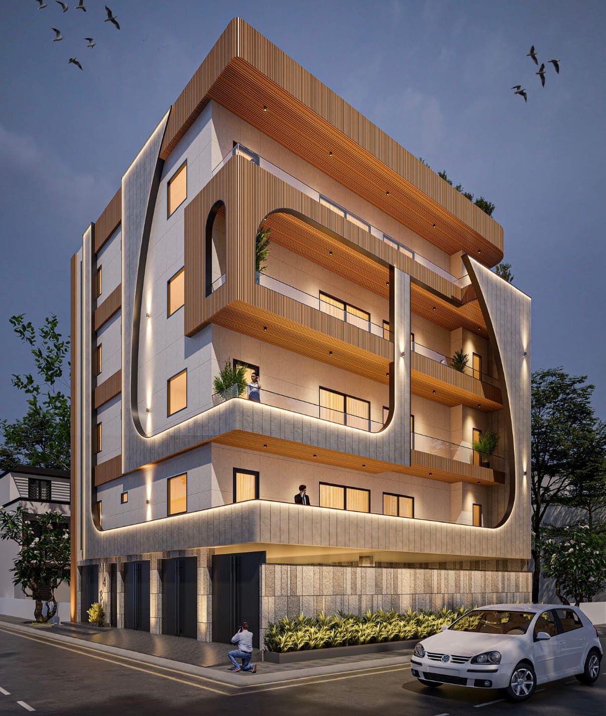 Corner building at night with curved light bands and wooden slat balconies