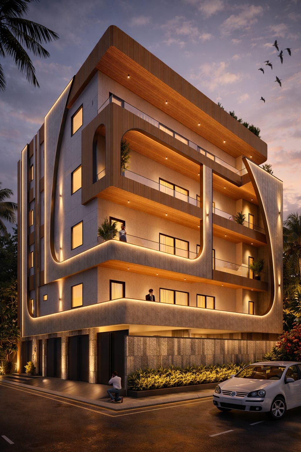 Corner building at dusk with sweeping curved bands, wooden slat soffits and warm cove lighting