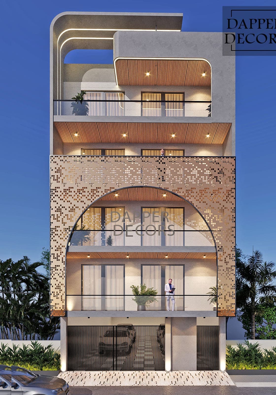 Night render of a multi-storey home with a perforated copper screen framing a tall arch