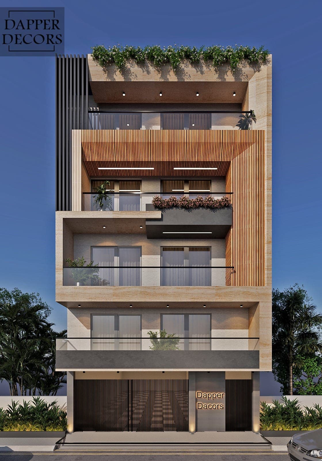 Stone and timber-slat facade with stacked balconies and a planted roof edge
