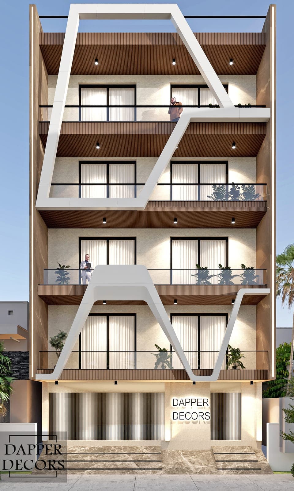 Four-storey facade with wooden-slat balconies wrapped by a bold white zig-zag frame
