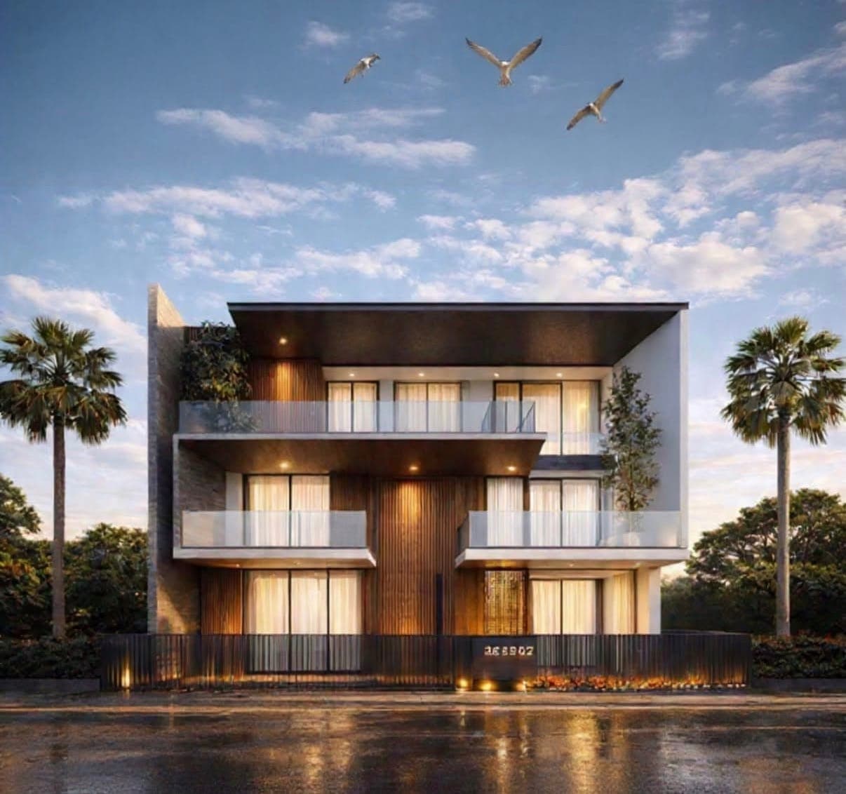 Low, wide contemporary villa with deep cantilevered slabs, glass balconies and a vertical timber core